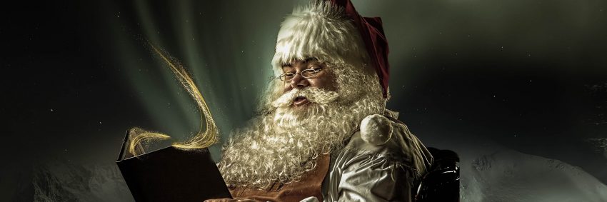 Santa Claus Trivia header with a picture of Santa Claus reading a book.